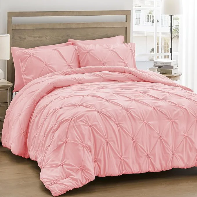 Verified UNIKOME Queen Comforter Set Pink – Ultra Soft Boho Pintuck Down Bedding Set for All Seasons 3 Pieces Lightweight Warm Pinch Pleat Bed Set with Comforter 2 Pillowcases Crafted