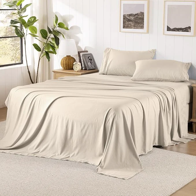 Unique ROSE amp RISY Sand Queen Sheet Set Pre-Washed Cotton-Like Brushed Microfiber 4 Pieces Super Soft Bed Sets Breathable Cooling Deep Pockets Includes 1 Fitted 1 Flat 2 Pillowcases Sand Queen High-End