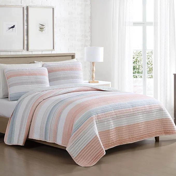 Smart Beatrice Home Fashions Coralinn Striped 2-Piece Quilt Set Lightweight All-Seasons Twin Blush Carefully Designed