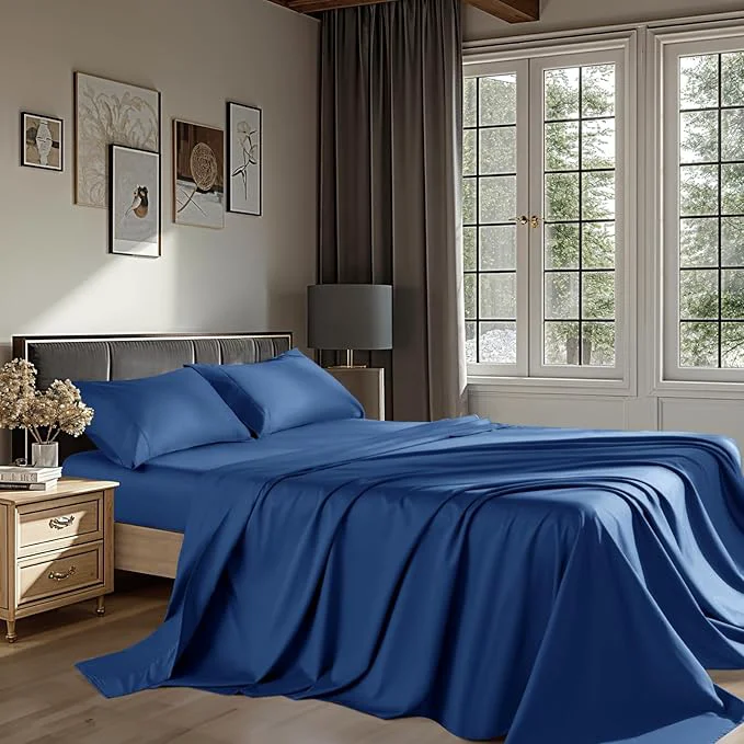 Recyclable Egyptian Cotton Sheets 1200 Thread Count Queen Size Bedding Sets 4 Pcs Fitted Sheet Up to 16 quot Deep Breathable All Seasons Queen Navy Blue Lightweight