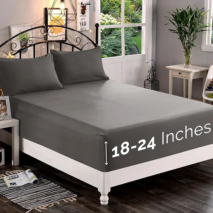 Convenient Elegant Comfort 1500 Premium Quality Fitted Sheet Ultra Soft 18-24 Inch Extra Deep Pocket – Single Fitted Sheet for High Mattress – Wrinkle with Smart Storage Pockets California King Gray Fine Crafted