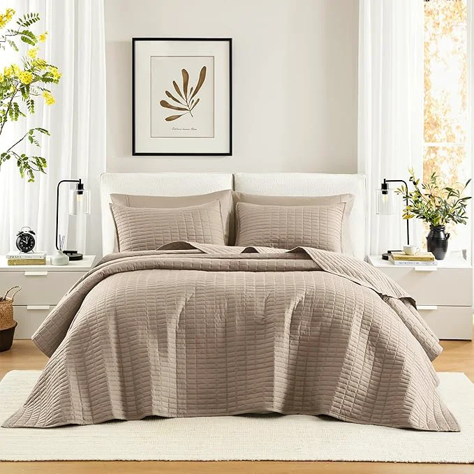 High-Performance Comfort Spaces – CS13-0933 Kienna Quilt Coverlet Bedspread Ultra Soft Hypoallergenic All Season Lightweight Filling Stitched Bedding Set Oversized Queen 102 quot x118 quot Taupe 3 Piece Refined