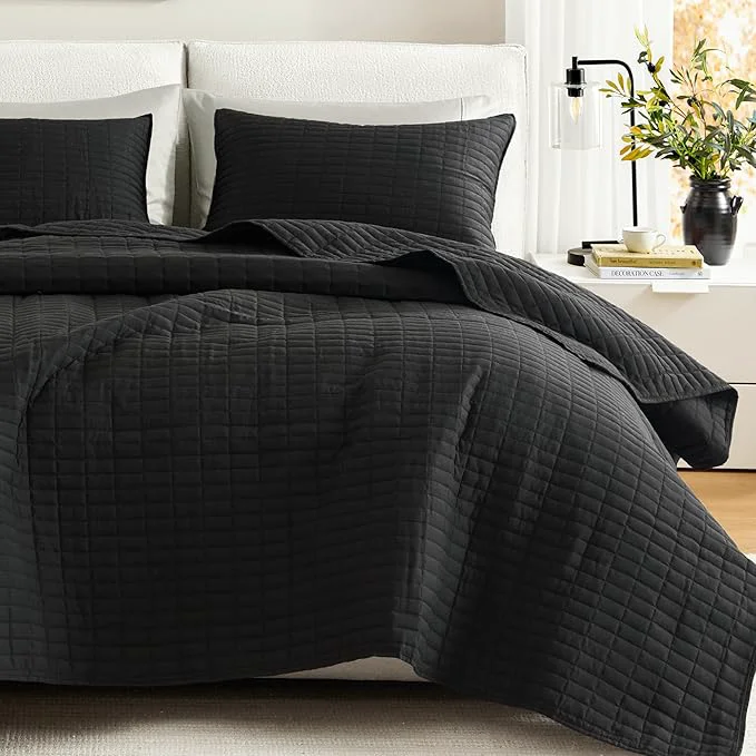 Secure Comfort Spaces Kienna Quilt Set- Double Sided Stitching Design Summer Blanket Lightweight Soft All Season Bedding Layer Matching Sham Black Coverlet Full Queen 90 quot x90 quot 3 Piece Smart