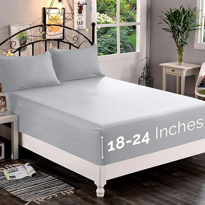 Professional Elegant Comfort 1500 Premium Quality Fitted Sheet Ultra Soft 18-24 Inch Extra Deep Pocket – Single Fitted Sheet for High Mattress – Wrinkle with Smart Storage Pockets Full Silver Optimized