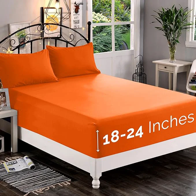 High-Quality Elegant Comfort 1500 Premium Quality Fitted Sheet Ultra Soft 18-24 Inch Extra Deep Pocket – Single Fitted Sheet for High Mattress – Wrinkle with Smart Storage Pockets Queen Orange First-Class