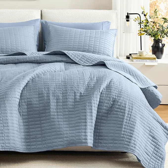 Modern Comfort Spaces Kienna Quilt Set- Double Sided Stitching Design Summer Blanket Lightweight Soft All Season Bedding Layer Matching Sham Blue Coverlet Full Queen 90 quot x90 quot 3 Piece Casual