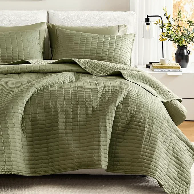 Stylish Comfort Spaces Queen Quilt Set Modern Reversible Plaid Coverlet Full Bedding Set Cozy Quilted Winter Layer All Season Lightweight Soft Queen Size Quilt Kienna Full Queen Olive Green 3 Piece Exclusive