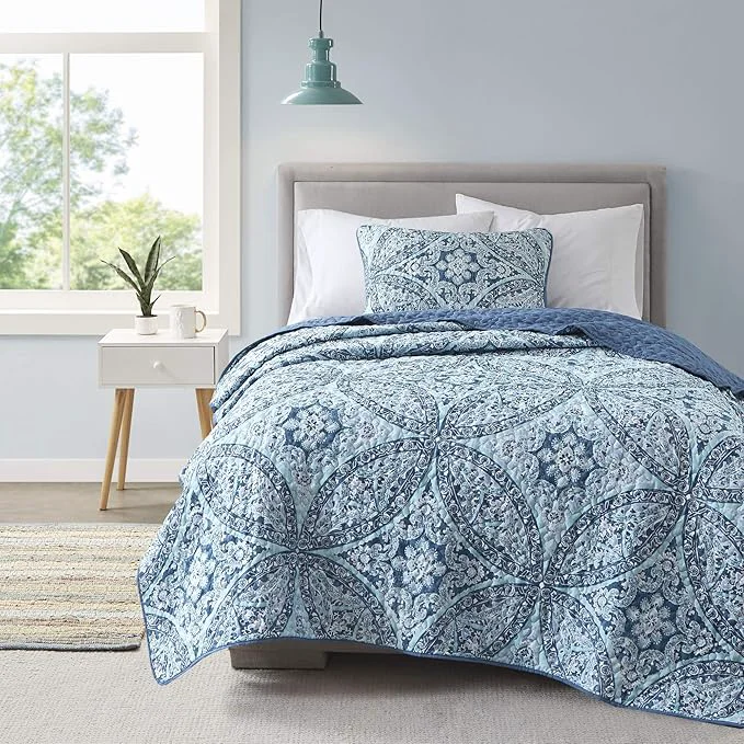 Fine Crafted Comfort Spaces Reversible Quilt Set-Vermicelli Stitching Design All Season Lightweight Coverlet Bedspread Bedding Matching Shams Twin Twin XL 66 in x 90 in Gloria Damask Aqua 2 Piece Luxury