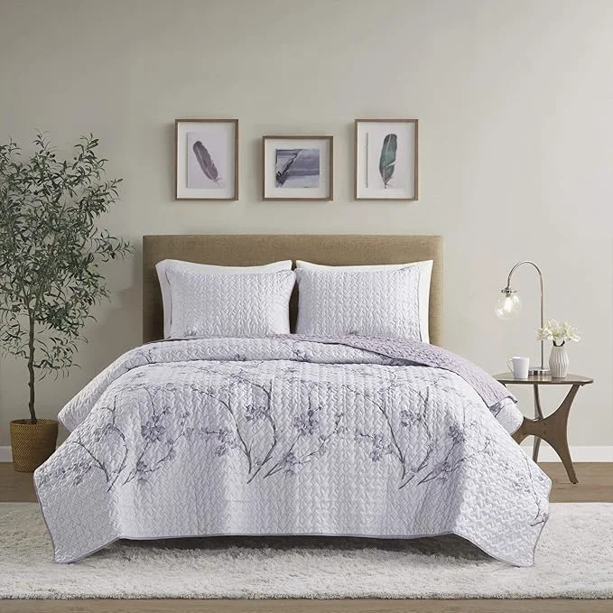 Carefully Designed Comfort Spaces Reversible Quilt Set-Vermicelli Stitching Design All Season Lightweight Coverlet Bedspread Bedding Matching Shams King 104 in x 90 in Kate Floral Purple 3 Piece Fast