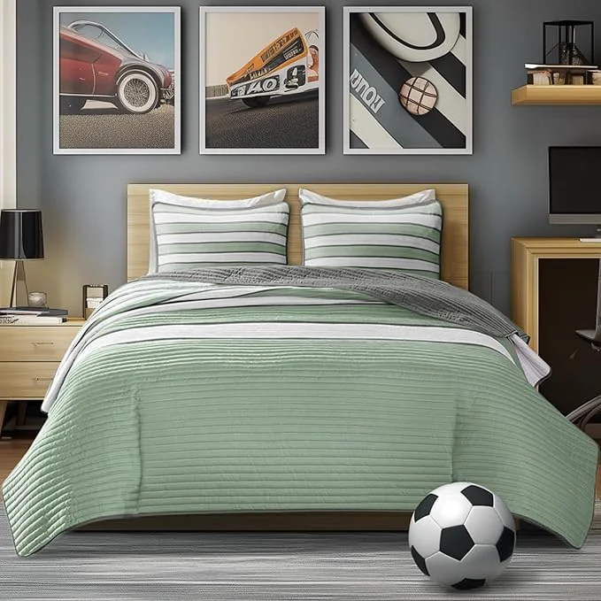 Fast Comfort Spaces Queen Quilt Set Trendy Casual Fun Vibrant Color Stripes Design All Season Lightweight Coverlet Bedspread Queen Size Bedding amp Shams Verone Full Queen Sage Green 3 Piece