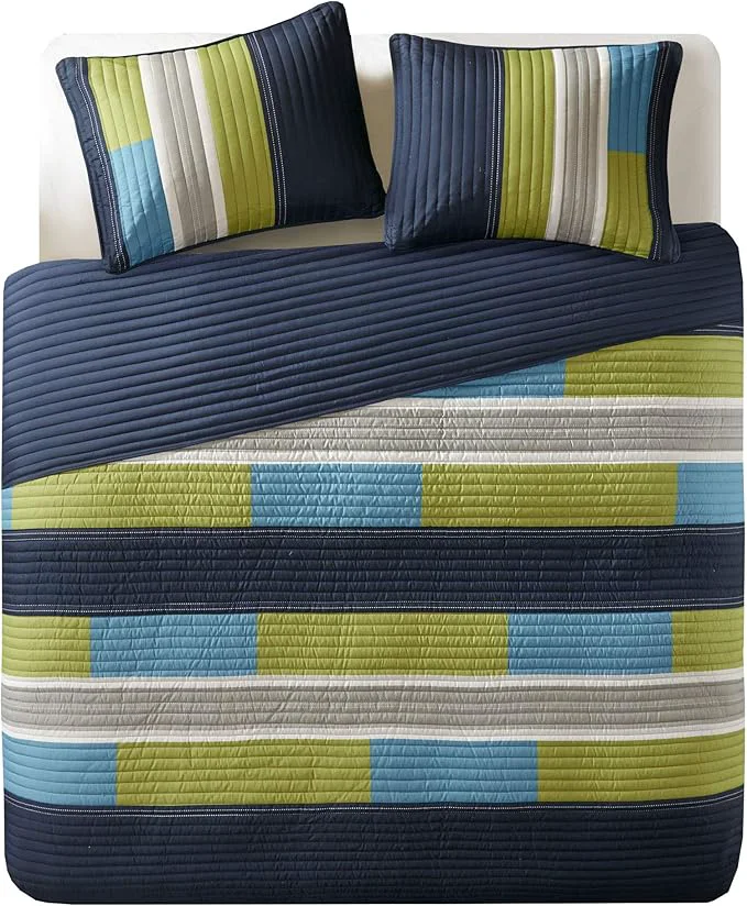 Quality Comfort Spaces CS14-0861 2 Piece Quilt Coverlet Bedspread All Season Lightweight Hypoallergenic Pipeline Colorblock Kids Bedding Set Twin Twin XL Pierre Navy Blue Stripe Breathable