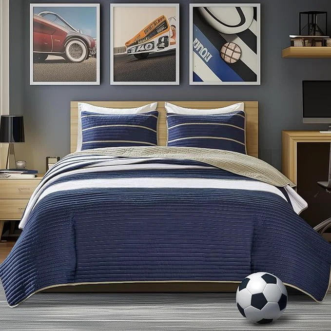 Stylish Comfort Spaces Quilt Set Trendy Casual Fun Vibrant Color Design Hypoallergenic All Season Lightweight Coverlet Bedspread Cozy Kids Bedding amp Sham Twin Twin XL Verone White Blue Stripe 2 Piece Powerful