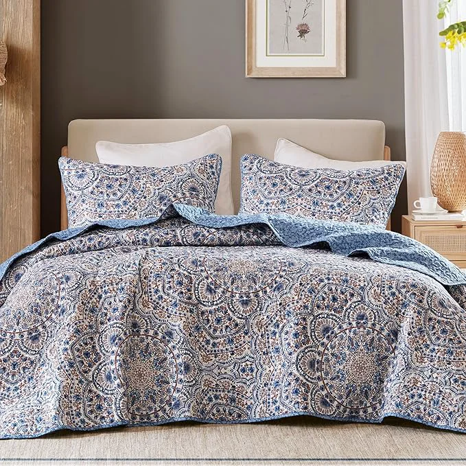 Advanced Comfort Spaces Valerie Boho Quilt Set Full Queen Blue – Reversible Lightweight Bedding with Watercolor Medallion Cozy All Season Quilt for Guest Room Dorm Teen or Adult Bed Genuine