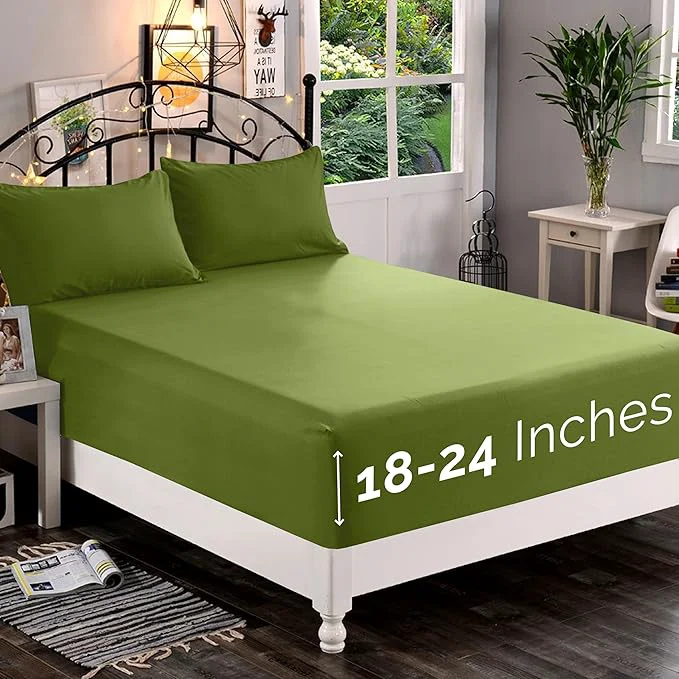 Unique Elegant Comfort 1500 Premium Quality Fitted Sheet Ultra Soft 18-24 Inch Extra Deep Pocket – Single Fitted Sheet for High Mattress – Wrinkle with Smart Storage Pockets Full Sage-Green Solid