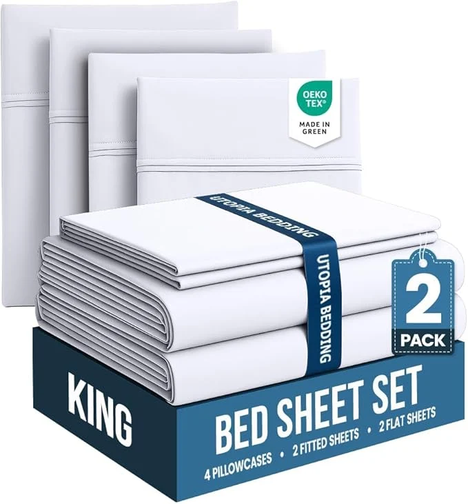 Eco-Friendly Utopia Bedding King Bed Sheets Set – Pack of 2 Sheet Sets – for Spa Hotel amp Guest Bedroom – Brushed Microfiber – Shrinkage and Fade Resistant – Easy Care White Original