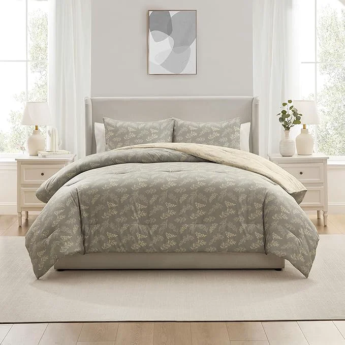 Green Nestl Queen Comforter Set – Grey Bed in a Bag Queen Size 3 Pieces Reversible Bed Set Soft Floral Bedding Set All Season Botanical Comforters with Pillow Shams Convenient