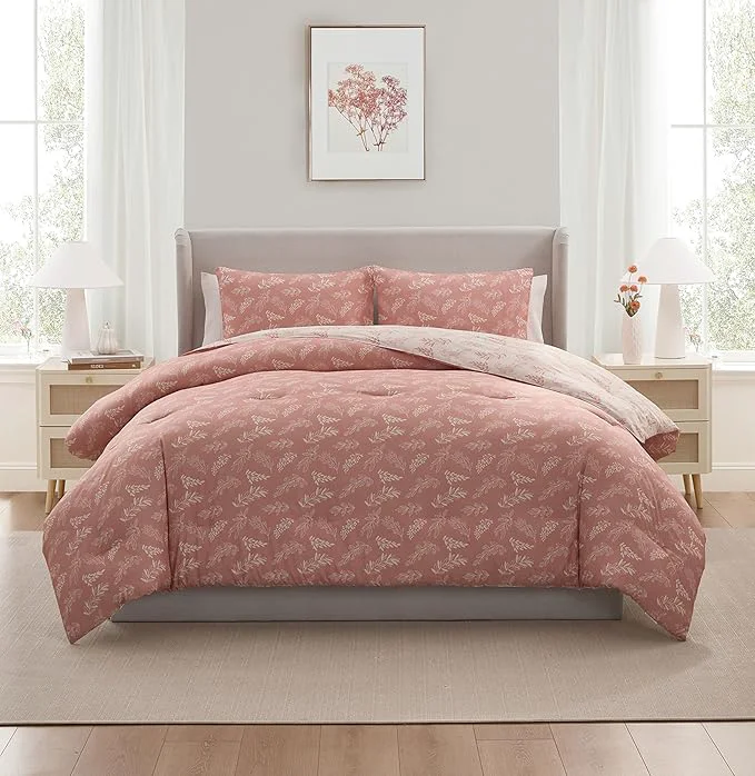 Verified Nestl King Size Comforter Set – Blush Bed in a Bag King Size 3 Pieces Reversible Bed Set Soft Floral Bedding Set All Season Botanical Comforters with Pillow Shams Official