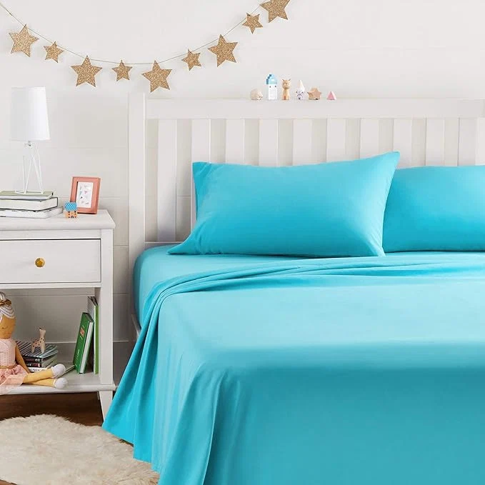 Premium Material Amazon Basics Kid 39 s Breathable Soft Microfiber 4-Piece Sheet Set Easy-Wash Full Bright Aqua Solid Top-Quality