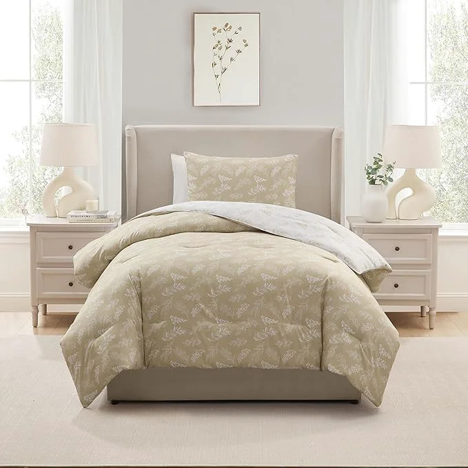 Organic Nestl Twin Twin XL Comforter Set – Oatmeal Bed in a Bag Twin 2 Pieces Reversible Bed Set Soft Floral Bedding Set for College Dorm All Season Botanical Comforters with Pillow Sham Casual