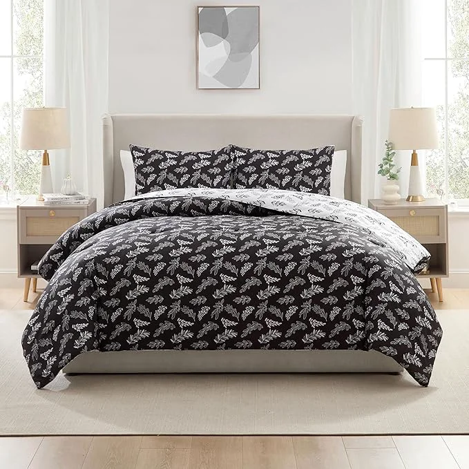 High-Grade Nestl King Size Comforter Set – Black Bed in a Bag King Size 3 Pieces Reversible Bed Set Soft Floral Bedding Set All Season Botanical Comforters with Pillow Shams Consistent