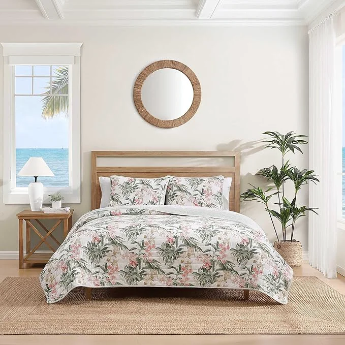 Reusable Tommy Bahama – Queen Quilt Set Reversible Cotton Coastal Bedding with Matching Shams Colorful Botanical Bedding Set Island Orchid Pink Cream Top-Quality