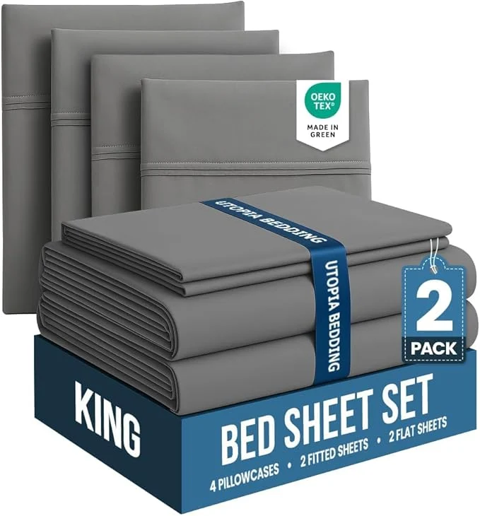 High-Grade Utopia Bedding King Bed Sheets Set – Pack of 2 Sheet Sets – for Spa Hotel amp Guest Bedroom – Brushed Microfiber – Shrinkage and Fade Resistant – Easy Care Grey Premium