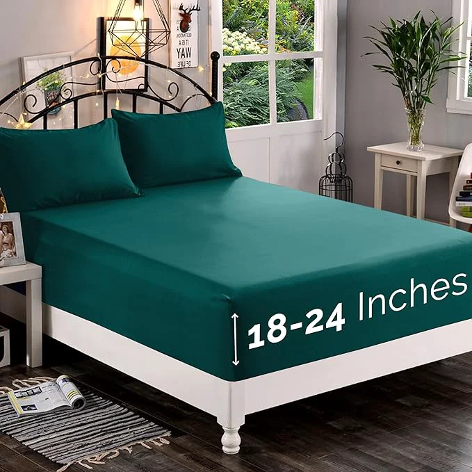 Genuine Elegant Comfort 1500 Premium Quality Fitted Sheet Ultra Soft 18-24 Inch Extra Deep Pocket – Single Fitted Sheet for High Mattress – Wrinkle with Smart Storage Pockets Full Marine Teal Consistent