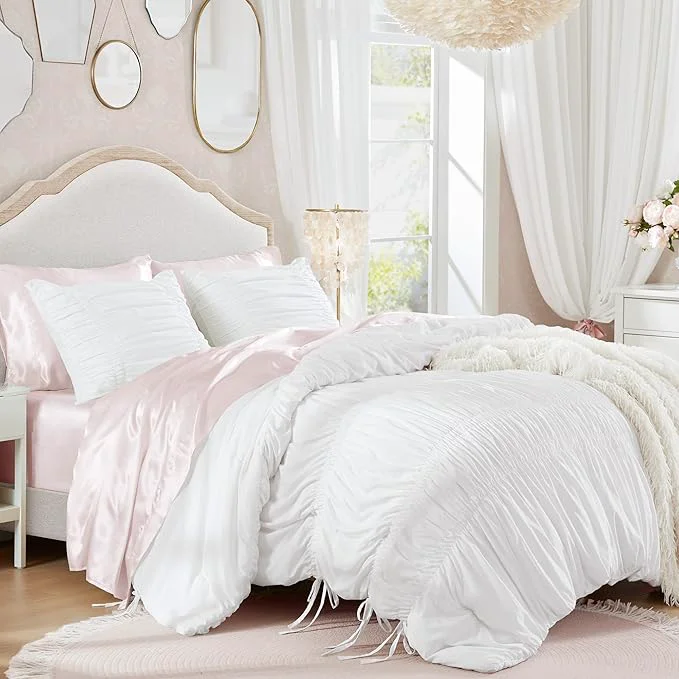 Elite Intelligent Design King Comforter Set Ruched Shabby Chic Comforters for King Size Bed All Season Lightweight Comforter King French Country Bedding Set Shams Ella King Cal King White 3 Piece Smooth