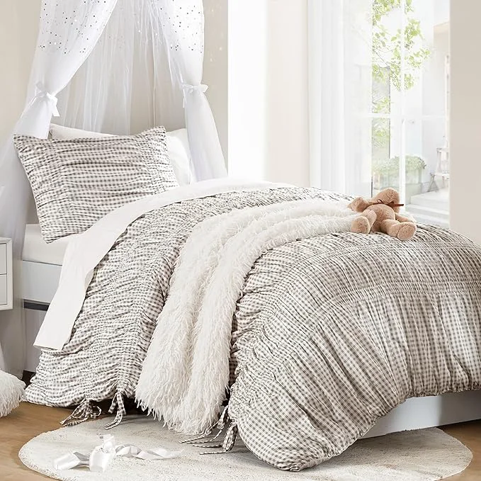 Long-Lasting Intelligent Design Ella Twin Comforter Set – Ruched Gingham Shabby Chic Bedding Bow-Tie Detail All Season Lightweight 3 Piece Bedding Set Sham Twin Twin XL Brown Proven