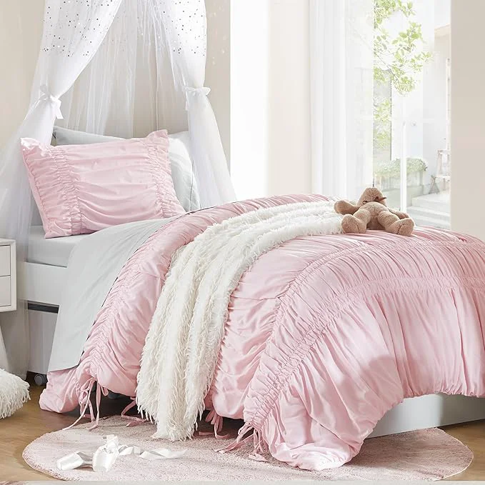 Luxury Intelligent Design Twin Comforter Set Ruched Shabby Chic Comforters for Twin Size Bed All Season Lightweight Comforter Twin French Country Bedding Set Sham Ella Twin Twin XL Pink 2 Piece Smooth