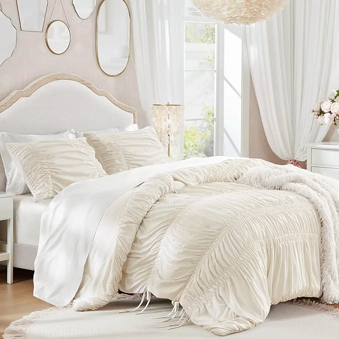 Detailed Intelligent Design Ruched Shabby Chic Comforters for Queen Size Bed All Season Lightweight Comforter Queen French Country Bedding Set Sham Ella Full Queen Ivory 3 Piece Trusted