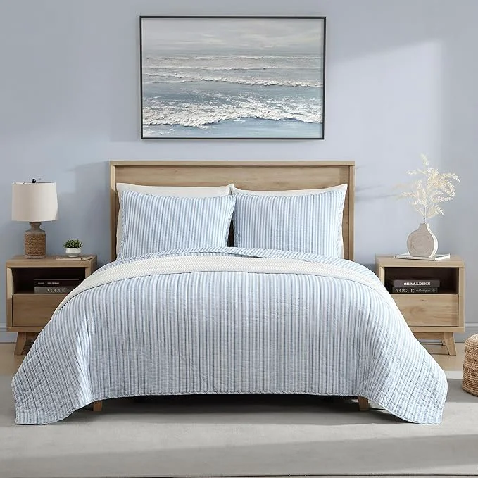Luxury Nautica – Twin Quilt Set Reversible Cotton Bedding with Matching Sham Casual Home Decor for All Seasons Coleridge Stripe Light Blue Twin Verified