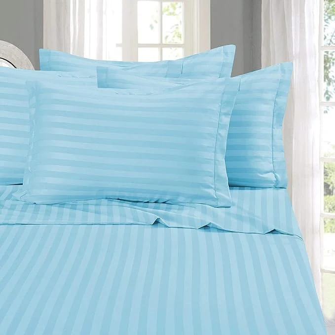 Luxury Elegant Comfort Softest and Coziest 4-Piece Sheet Set – 1500 Premium Hotel Quality Microfiber – Luxurious Wrinkle Resistant 4-Piece Damask Stripe Bed Sheet Set Twin Aqua Blue Recyclable