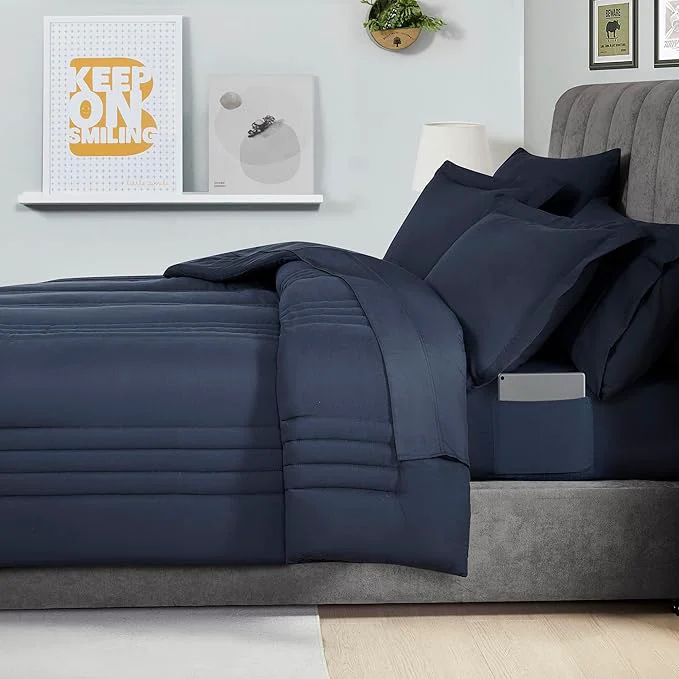 Superior Full Size Comforter Set Quilted Stripe Bedding Bundle – Comforter Mattress Protector Sheets with Pockets on the Side amp Built-in Corner Strap – Fitted Sheet Media Pocket for Devices Navy Blue Official