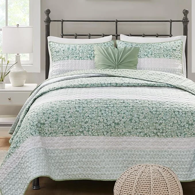Healthy Madison Park Quilt Set Seersucker Floral Coverlet for Queen Size Bed All Season Lightweight Bedding Farmhouse Quilt Set Vermicelli Quilting Throw Pillow Caralie Full Queen Green 4 Piece Solid