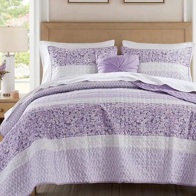 Green Madison Park Quilt Set Seersucker Floral Coverlet for Queen Size Bed All Season Lightweight Bedding Farmhouse Quilt Set Vermicelli Quilting Throw Pillow Caralie King Cal King Purple 4 Piece Crafted