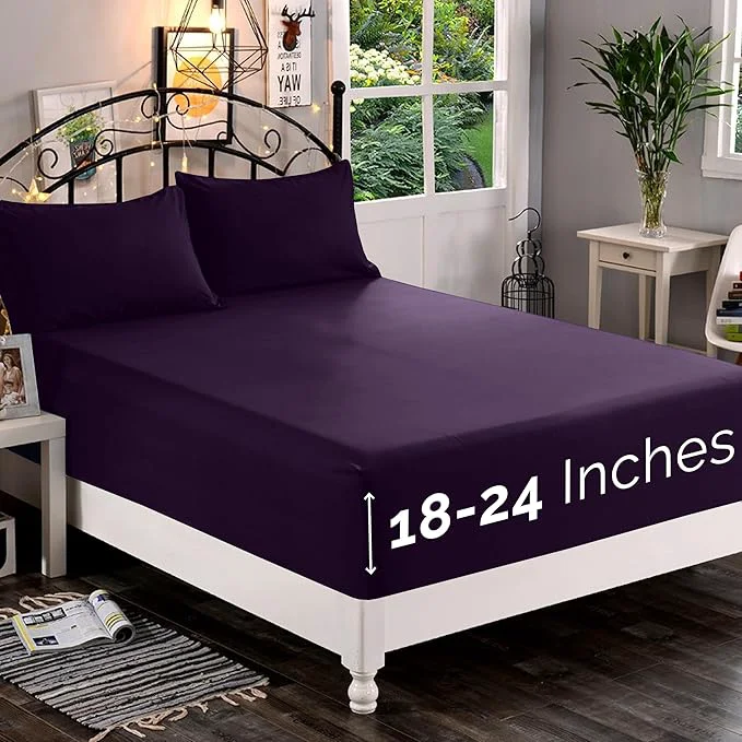 First-Class Elegant Comfort 1500 Premium Quality Fitted Sheet Ultra Soft 18-24 Inch Extra Deep Pocket – Single Fitted Sheet for High Mattress – Wrinkle with Smart Storage Pockets Twin Twin XL Purple Artisan