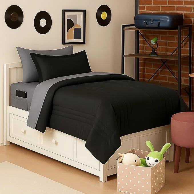 Next-Generation Twin Size Comforter Set Quilted Stripe Bedding Bundle – Comforter Mattress Protector Sheets with Pockets on the Side amp Built-in Corner Strap – Fitted Sheet Media Pocket for Devices Black Charcoal Fine Crafted