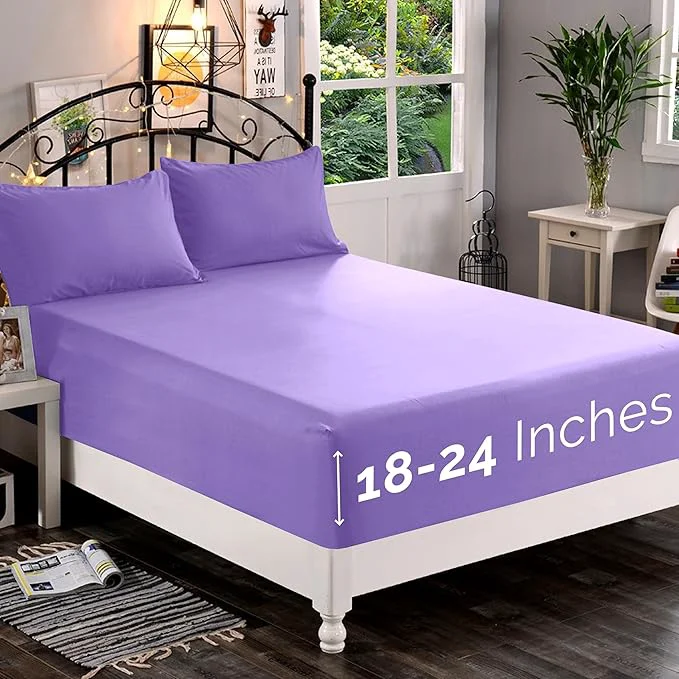 Proven Elegant Comfort 1500 Premium Quality Fitted Sheet Ultra Soft 18-24 Inch Extra Deep Pocket – Single Fitted Sheet for High Mattress – Wrinkle with Smart Storage Pockets California King Lavender