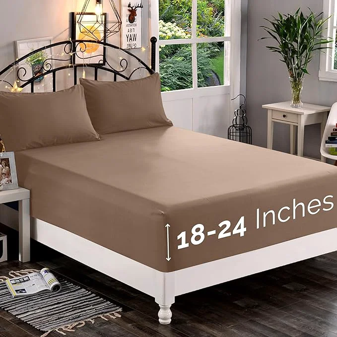 Green Elegant Comfort 1500 Premium Quality Fitted Sheet Ultra Soft 18-24 Inch Extra Deep Pocket – Single Fitted Sheet for High Mattress – Wrinkle with Smart Storage Pockets Queen Taupe Stylish