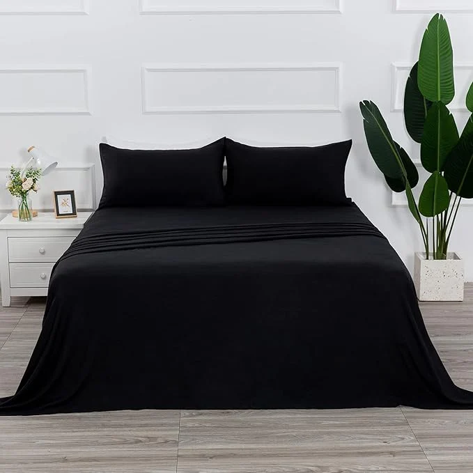 Optimized 4 Piece Bed Sheet Set Full Black 1 Flat Sheet 1 Fitted Sheet and 2 Pillow Cases Brushed Microfiber Luxury Bedding with Deep Pockets Safe