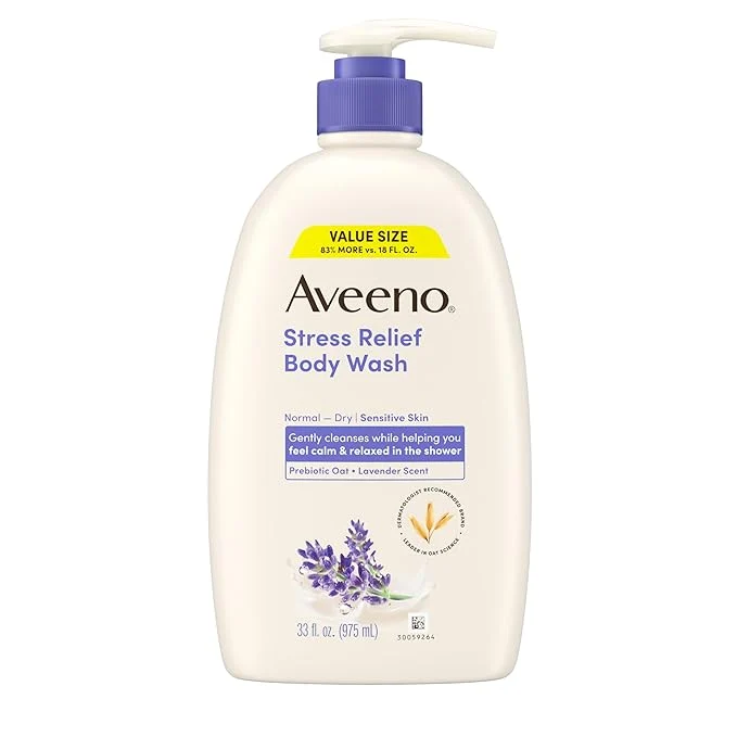 Advanced Aveeno Stress Relief Body Wash for Women Calming Lavender Scent Prebiotic Oat Green
