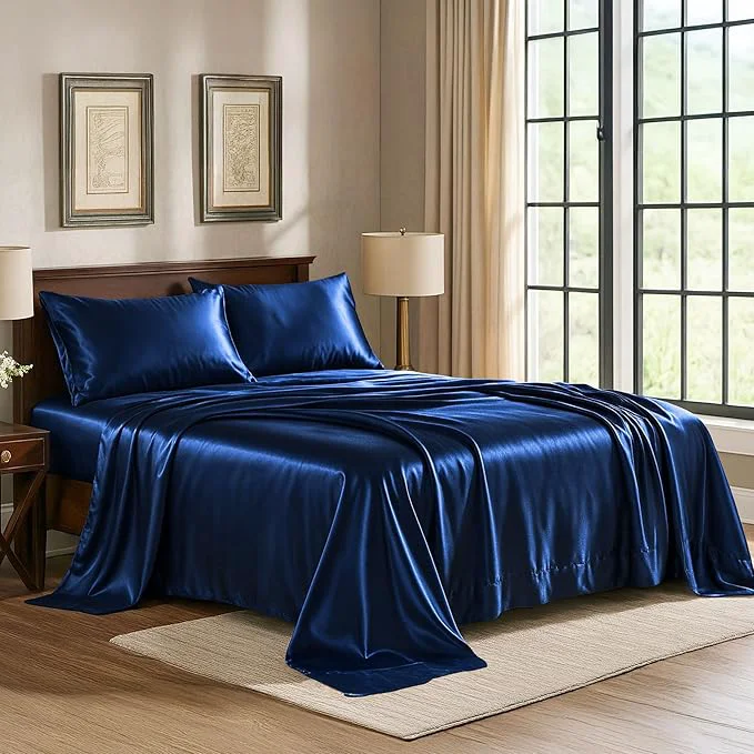 Consistent Pure Bedding Satin Sheets Twin 3-Piece Navy Hotel Luxury Silky Bed Sheets – Extra Soft 1800 Microfiber Sheet Set Wrinkle Fade Deep Pocket Fitted Sheet Flat Sheet Pillow Cases Smooth