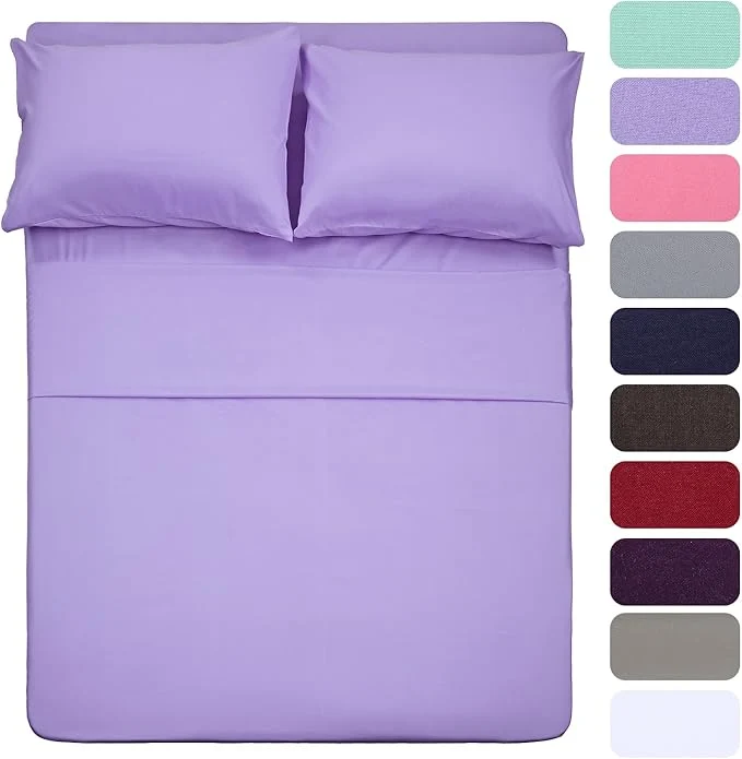 Detailed 4 Piece Bed Sheet Set Queen Lavender 1 Flat Sheet 1 Fitted Sheet and 2 Pillow Cases Brushed Microfiber Luxury Bedding with Deep Pockets Verified