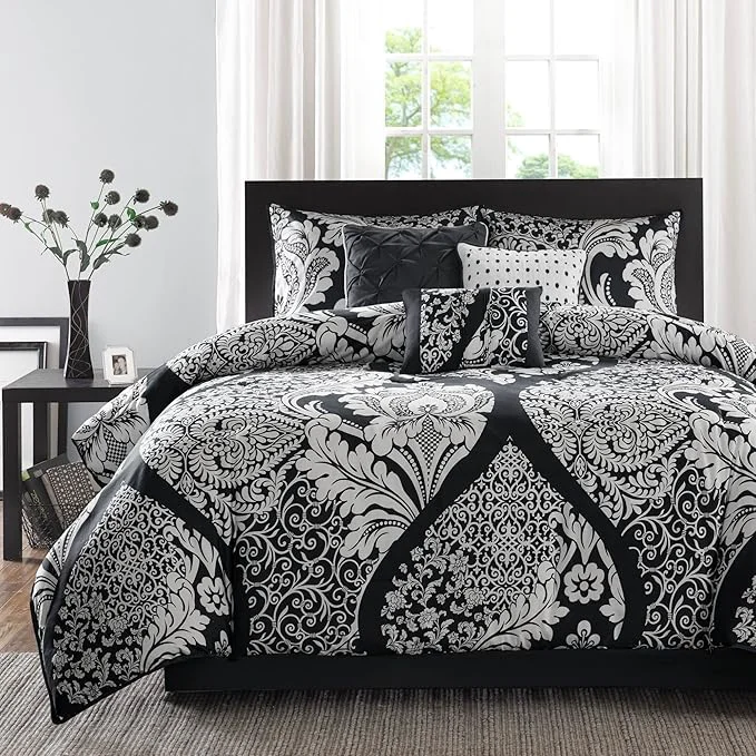 Healthy Madison Park Vienna Sateen Cotton Comforter Set Breathable Soft Cover Trendy All Season Down Cozy Bedding with Matching Shams California King Black 7 Piece Efficient