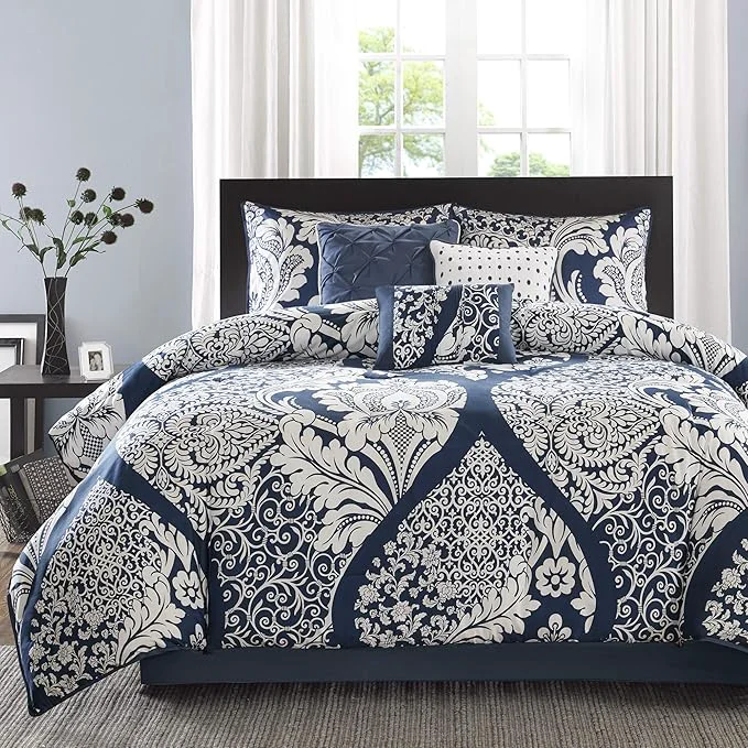Powerful Madison Park Vienna Sateen Cotton Comforter Set Breathable Soft Cover Trendy All Season Down Cozy Bedding with Matching Shams King Indigo 7 Piece Trusted