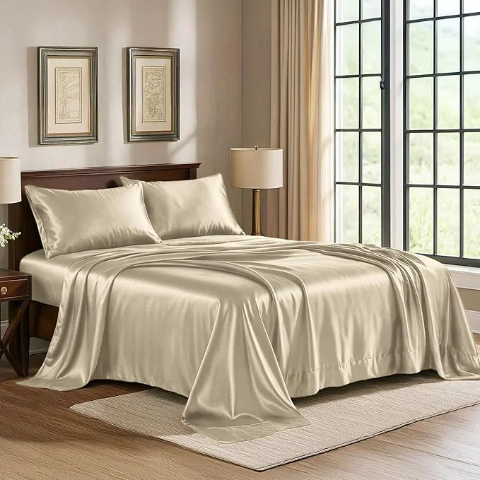 Long-Lasting Satin Sheets California King 4-Piece Champagne Gold Hotel Luxury Silky Bed Sheets – Soft Microfiber Sheet Set Wrinkle Fade Stain Resistant – Deep Pocket Fitted Sheet Flat Sheet Pillow Cases Expertly Made
