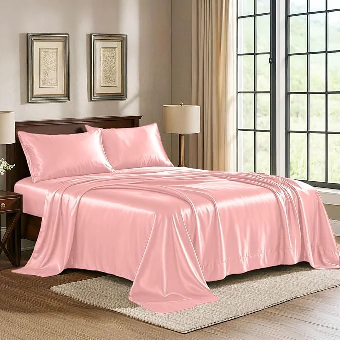 High-Quality Pure Bedding Satin Sheets Queen 4-Piece Pink Hotel Luxury Silky Bed Sheets – Extra Soft 1800 Microfiber Sheet Set Wrinkle Fade Deep Pocket Fitted Sheet Flat Sheet Pillow Cases Secure