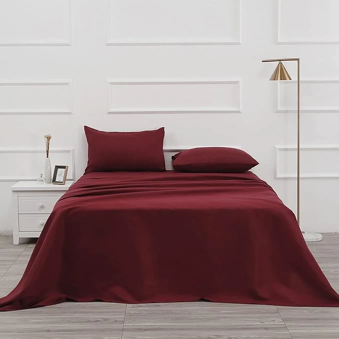 Genuine 4 Piece Bed Sheet Set Queen Burgundy 1 Flat Sheet 1 Fitted Sheet and 2 Pillow Cases Brushed Microfiber Luxury Bedding with Deep Pockets Convenient