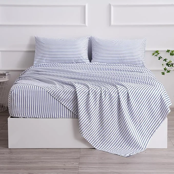 Consistent Full Blue Striped Bed Sheet Set 4 Piece with 16-Inch Deep Pockets- Super Soft amp Wrinkle Stripe Bed Sheets – Hotel Luxury Blue White Striped Pinstripe Bedding for All Season Reliable
